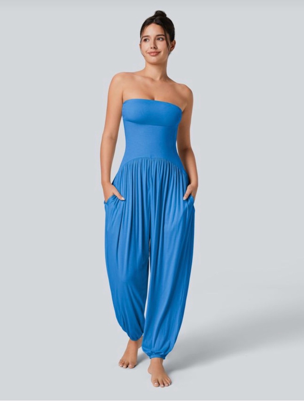 HALARA Strapless Bright Blue Harem Jumpsuit with Pockets